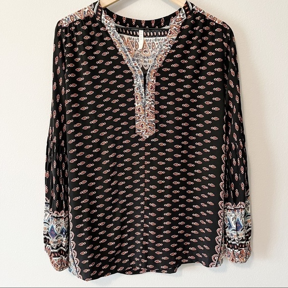 RAGA Bohemian Black Aztec Print Long Sleeve Peasant Top Size XS Balloon Sleeves - Picture 1 of 8